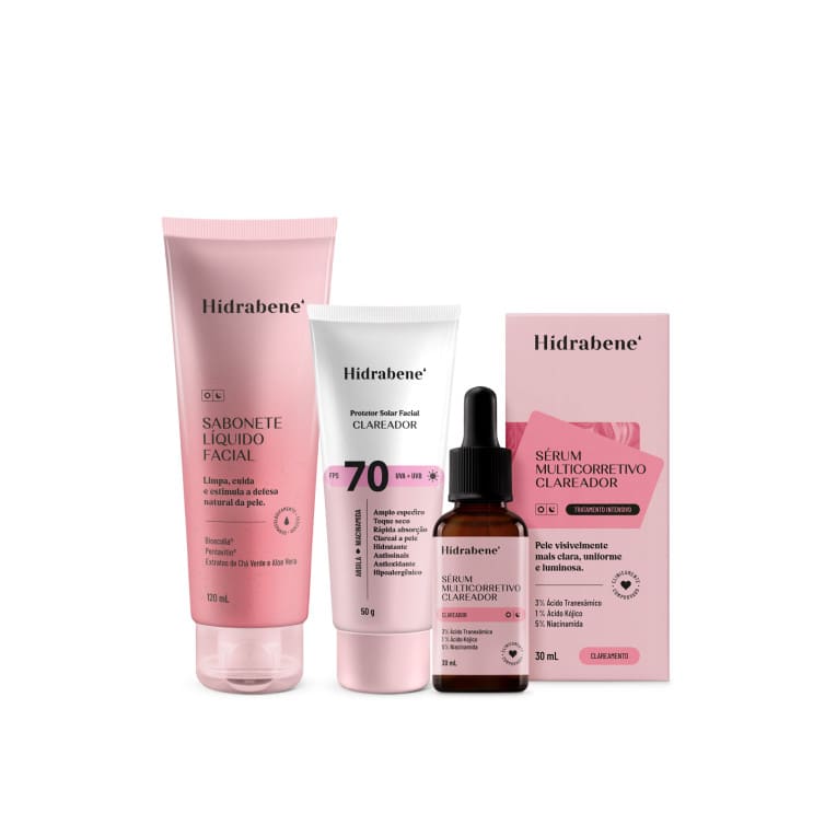 Kit Skincare Hidrabene Clareador Facial: Sabonete, Protetor 70 FPS e Sérum Multicorretivo